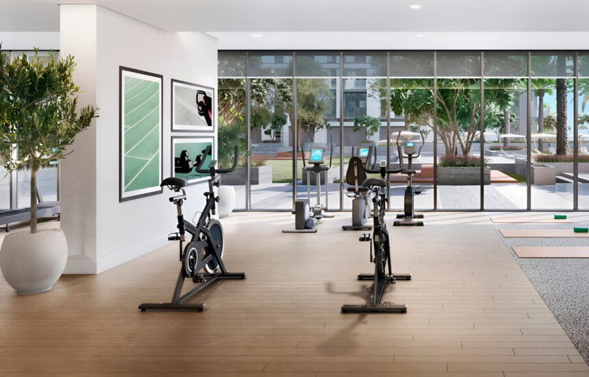 Gym with floor-to-ceiling windows