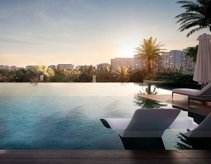 Panoramic swimming pool with a sunbathing area