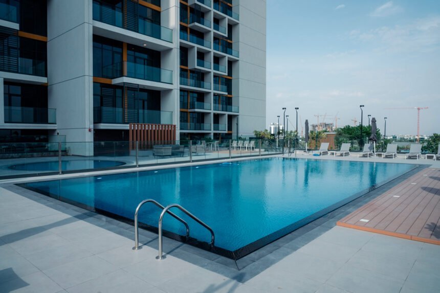 Swimming pool with sun loungers and relaxation area
