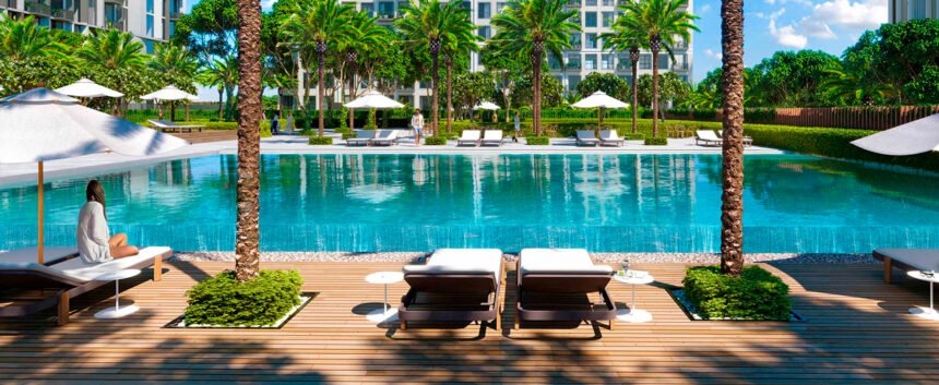 Infinity pool with sun loungers