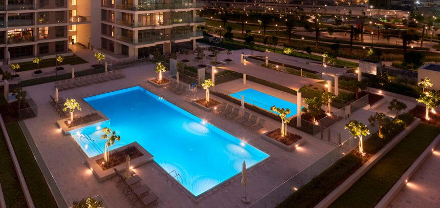 Picturesque swimming pool with relaxation areas