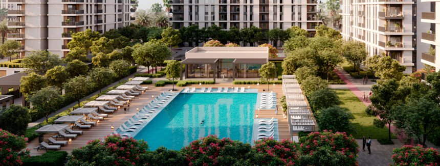 Resort-style swimming pools with sun loungers