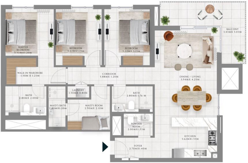 Floor Plans of Park Lane - 3 Bedrooms Apartments