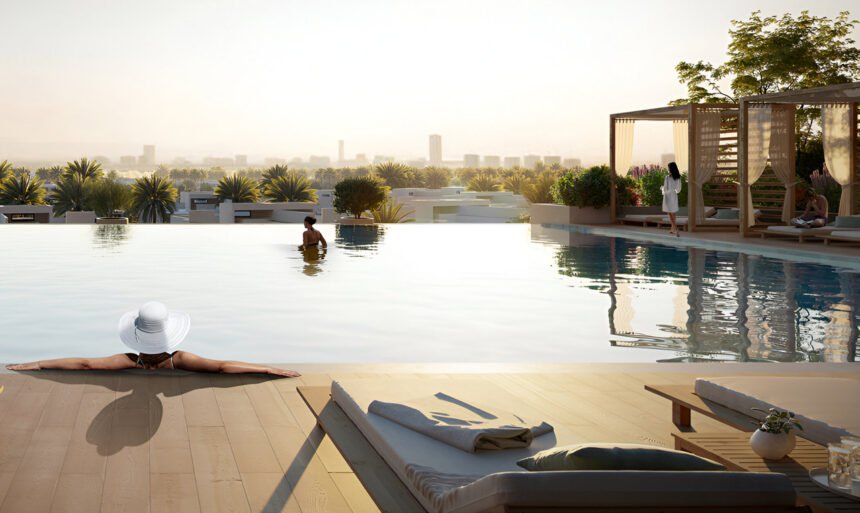 Infinity pool with sunbathing areas