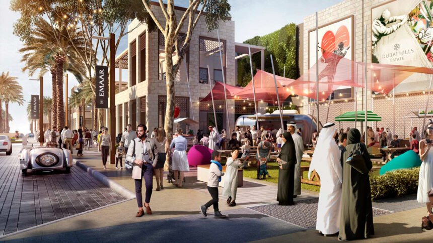 Dubai Hills Mall with shops, restaurants, and cinemas