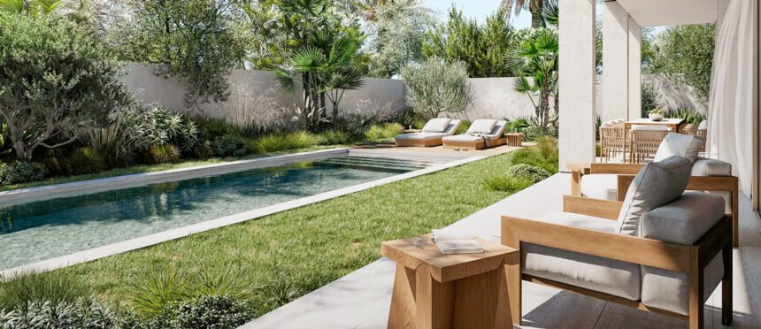 Swimming pool with a relaxation area in the backyard