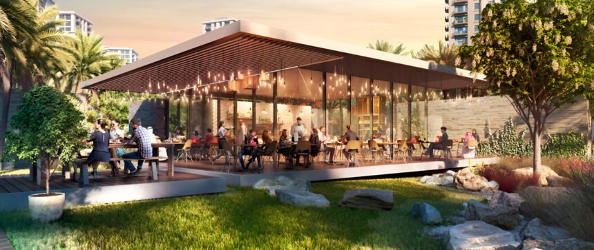 Cafes and retail shops on the podium